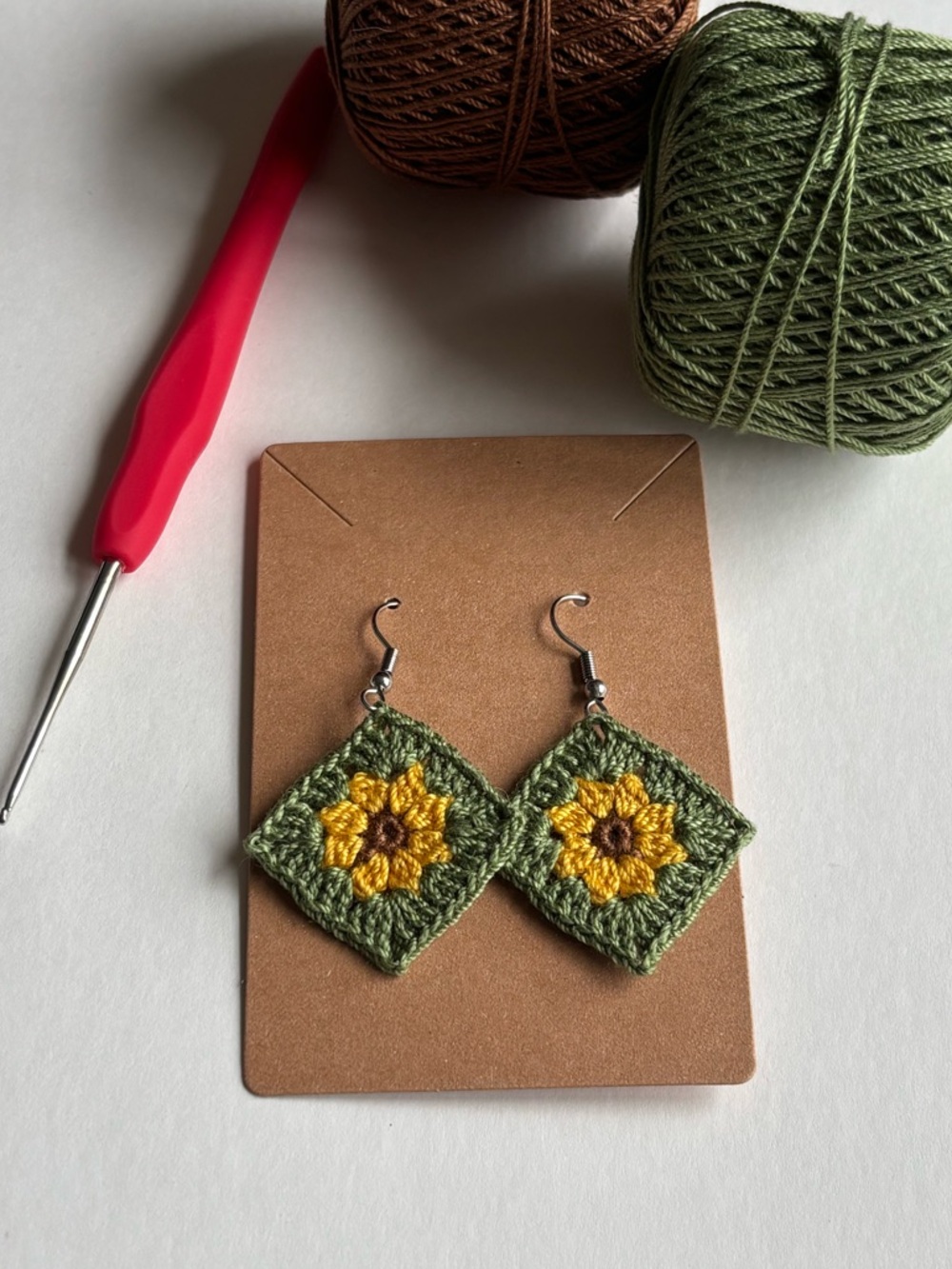 Hand Crafted Green and Yellow Crochet Sunflower Earrings